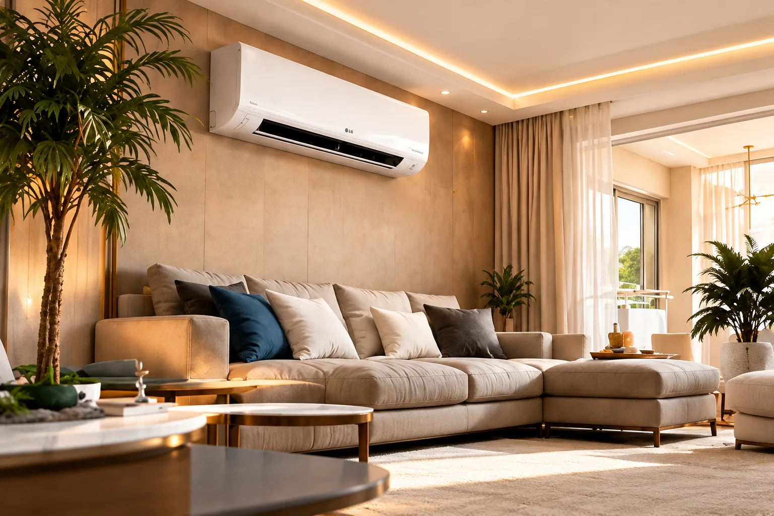 Sala de estar moderna com ar-condicionado instalado na parede