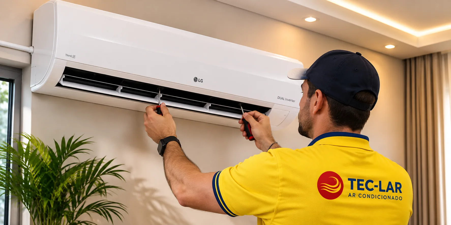 Técnico da TEC-LAR instalando um ar-condicionado na parede